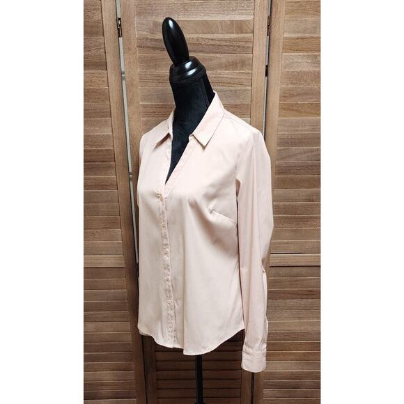 Elle Medium M Light Pink Roll Tab Sleeve Button-Up Career Business Casual Blouse - Picture 4 of 7